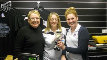 Club shop stalwarts Moira, Kirsty and Laura were keen to meet Mattie.