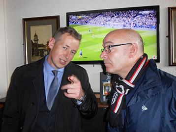 At the Notts, Town Scout and friend of the Histon Mariners Jed explains the offside rule to a bemused Stuart.