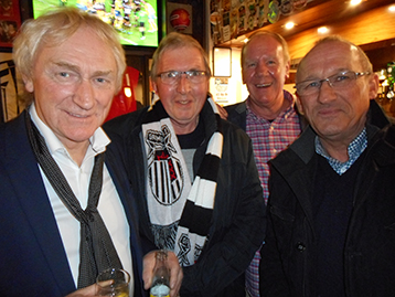 Stewart Roberts (Season Ticket holder originally from the Haverhill Mariners), Ray the Fish, Joe Clark and the	Dean toast the Histon Mariners with a slimline tonic.