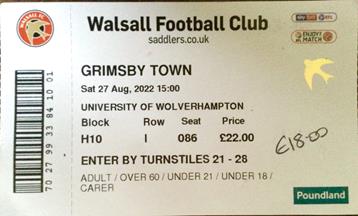 Walsall v GTFC Ticket